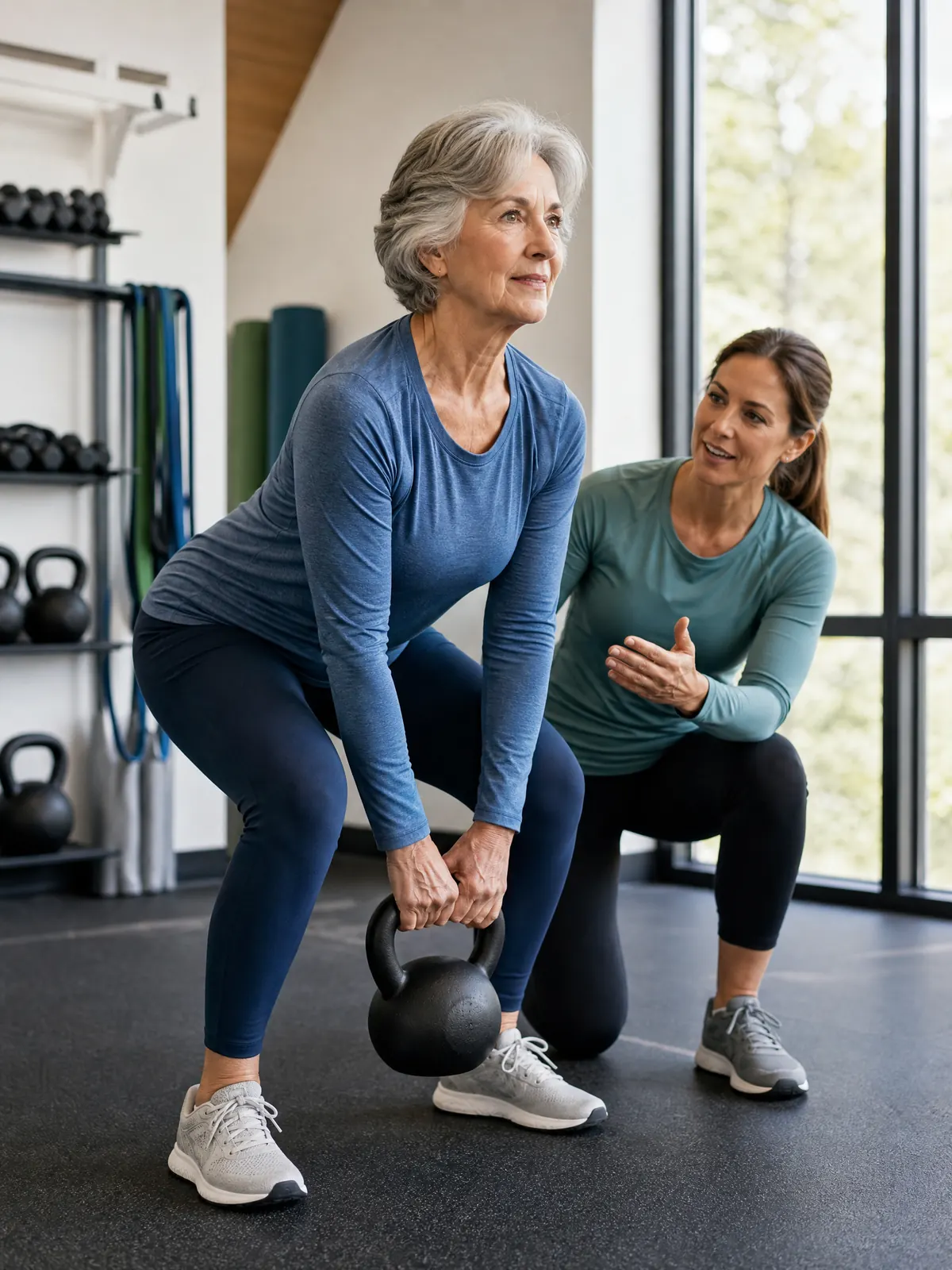 A woman over 60 practicing a guided functional strength movement with a supportive coach